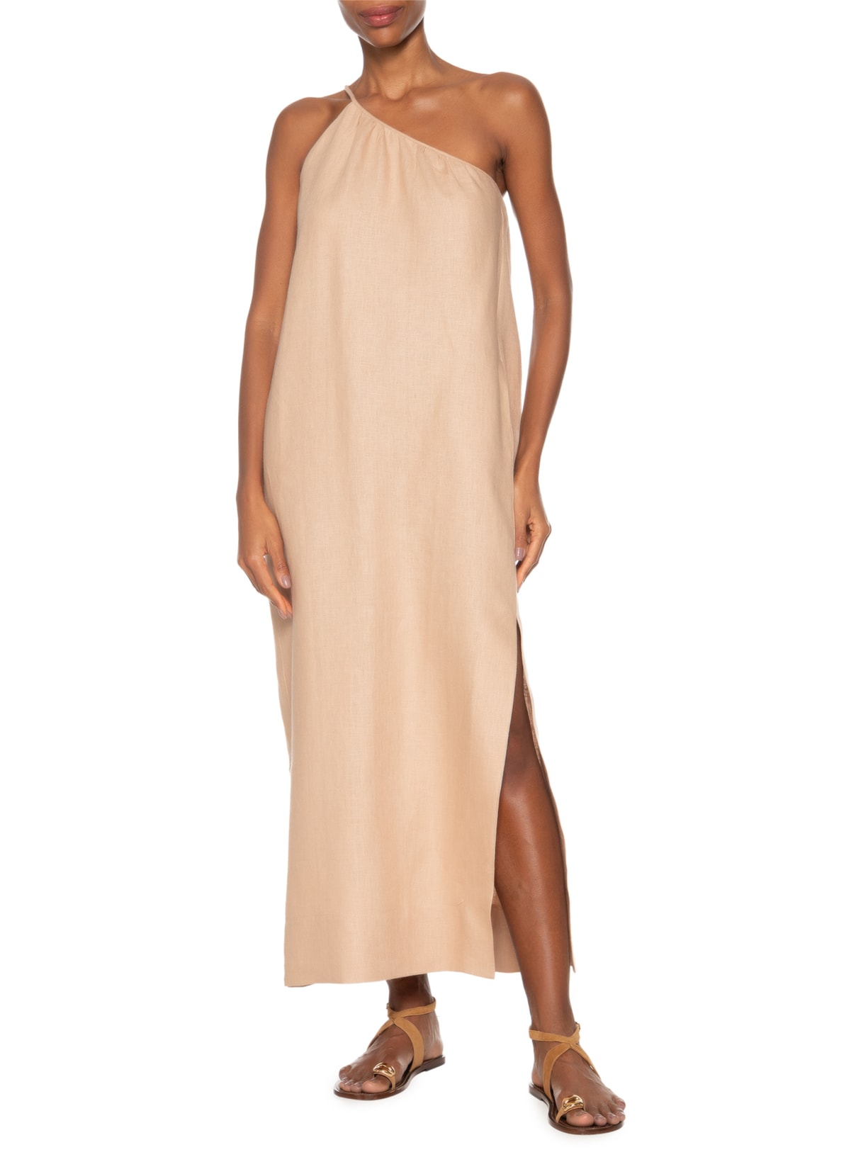 Vestido Midi Um Ombro Só Linho Natural Bege Animale