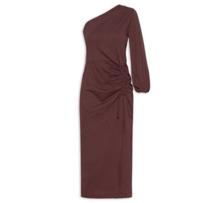 Vestido Midi Um Ombro Só Manga Longa Boho - Marrom