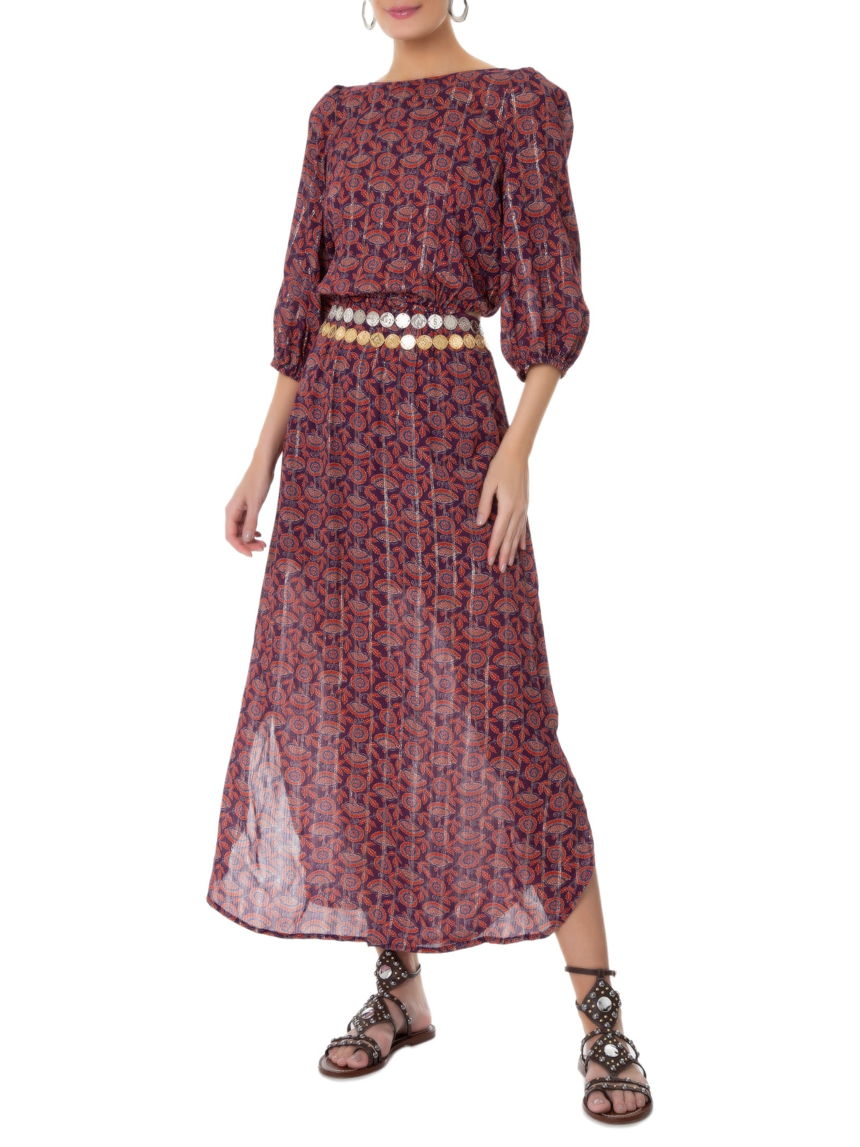 Vestido Midi Vazado Estampa Thai Roxo Maria Filó