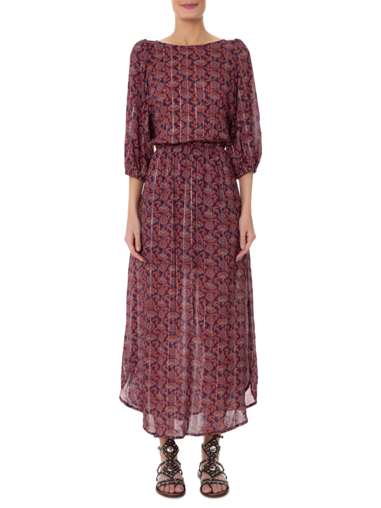 Vestido Midi Vazado Estampa Thai Roxo Maria Filó