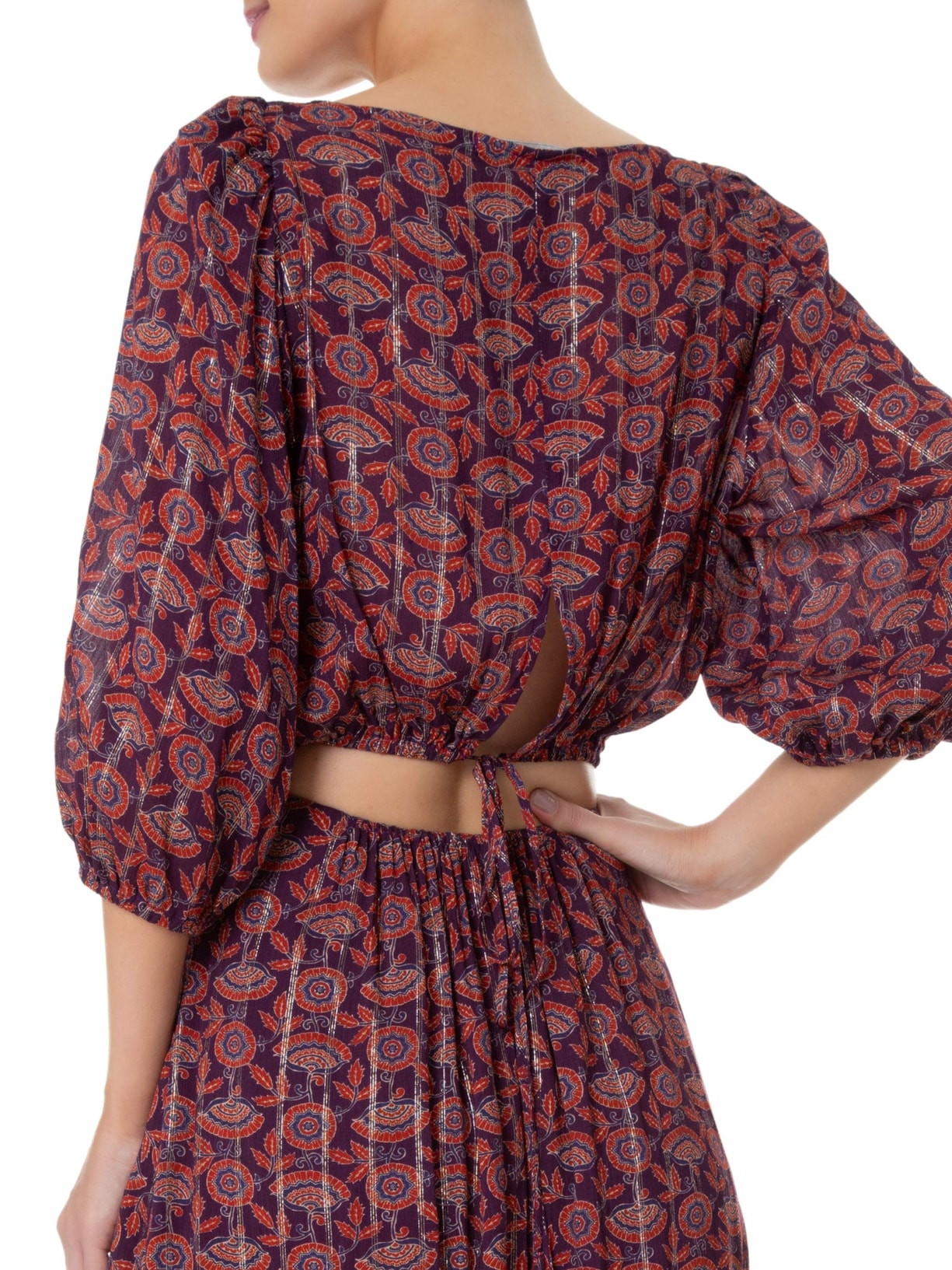 Vestido Midi Vazado Estampa Thai Roxo Maria Filó