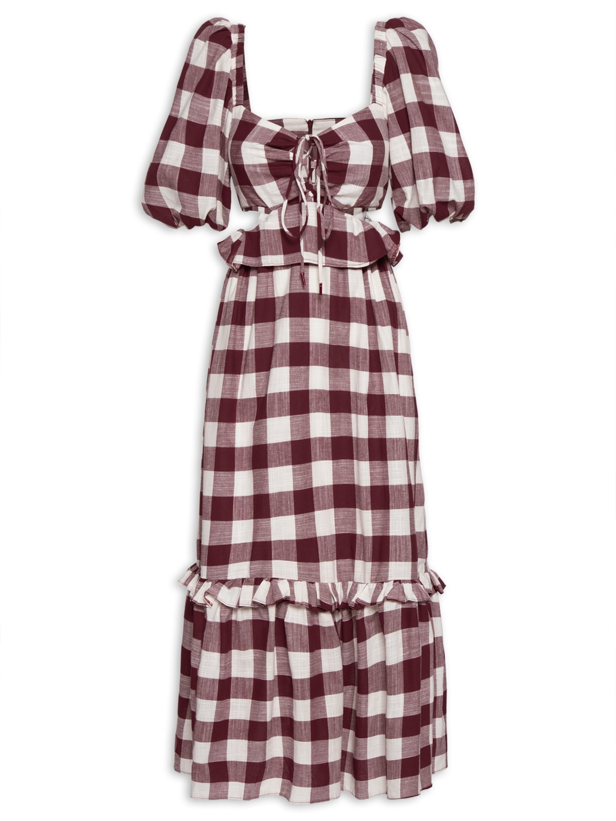 Vestido Midi Xadrez Com Babado - Vinho