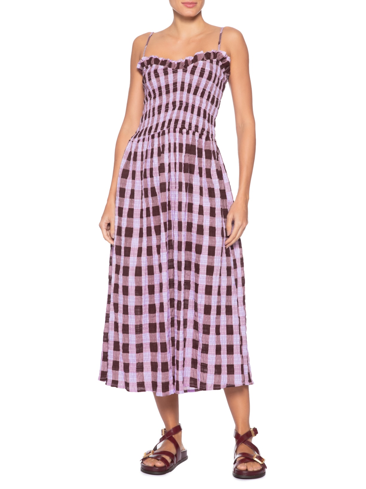 Vestido Midi Xadrez Romântico Roxo Farm