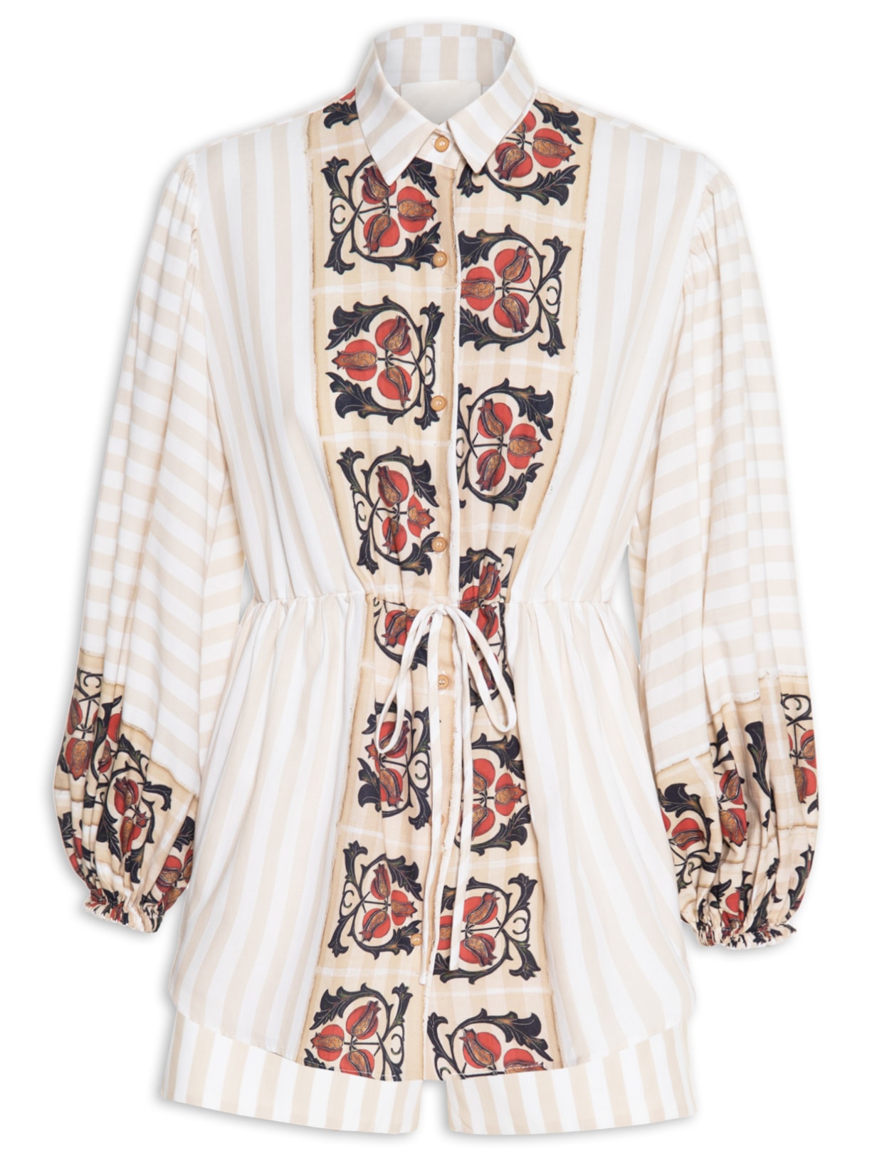 Vestido Mini Listras Ladrilho Bege Paula Raia