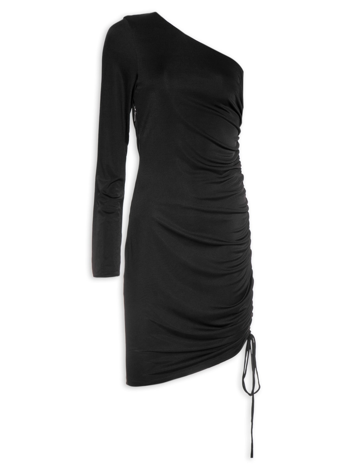 Vestido Mini Uma Manga Só Com Drape - Preto