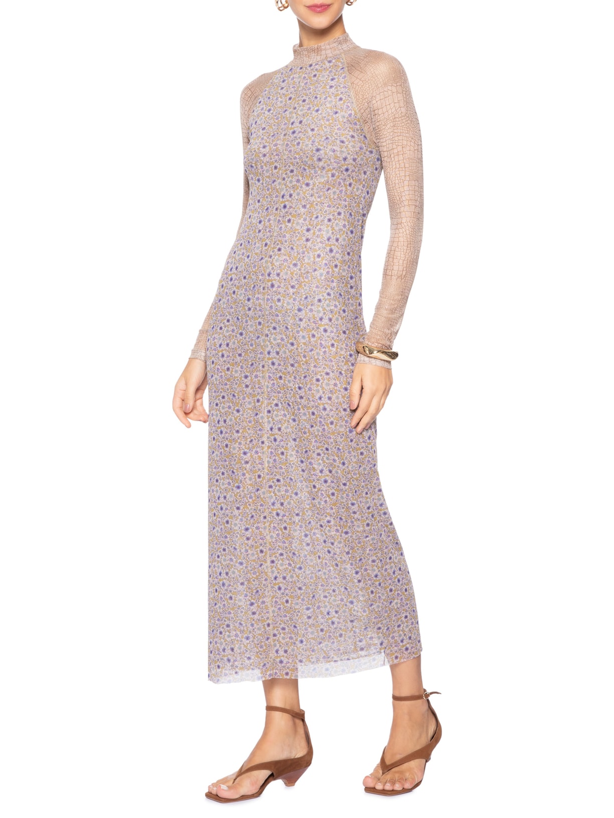 Vestido Mix Tule Liberty Bege Animale