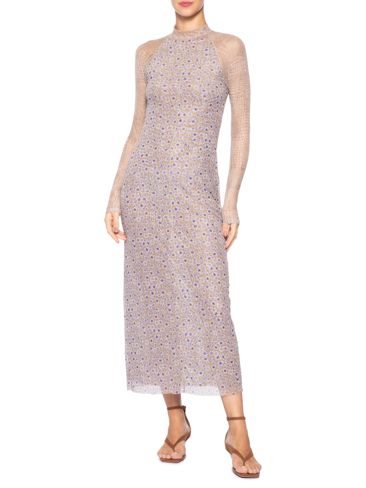 Vestido Mix Tule Liberty Bege Animale