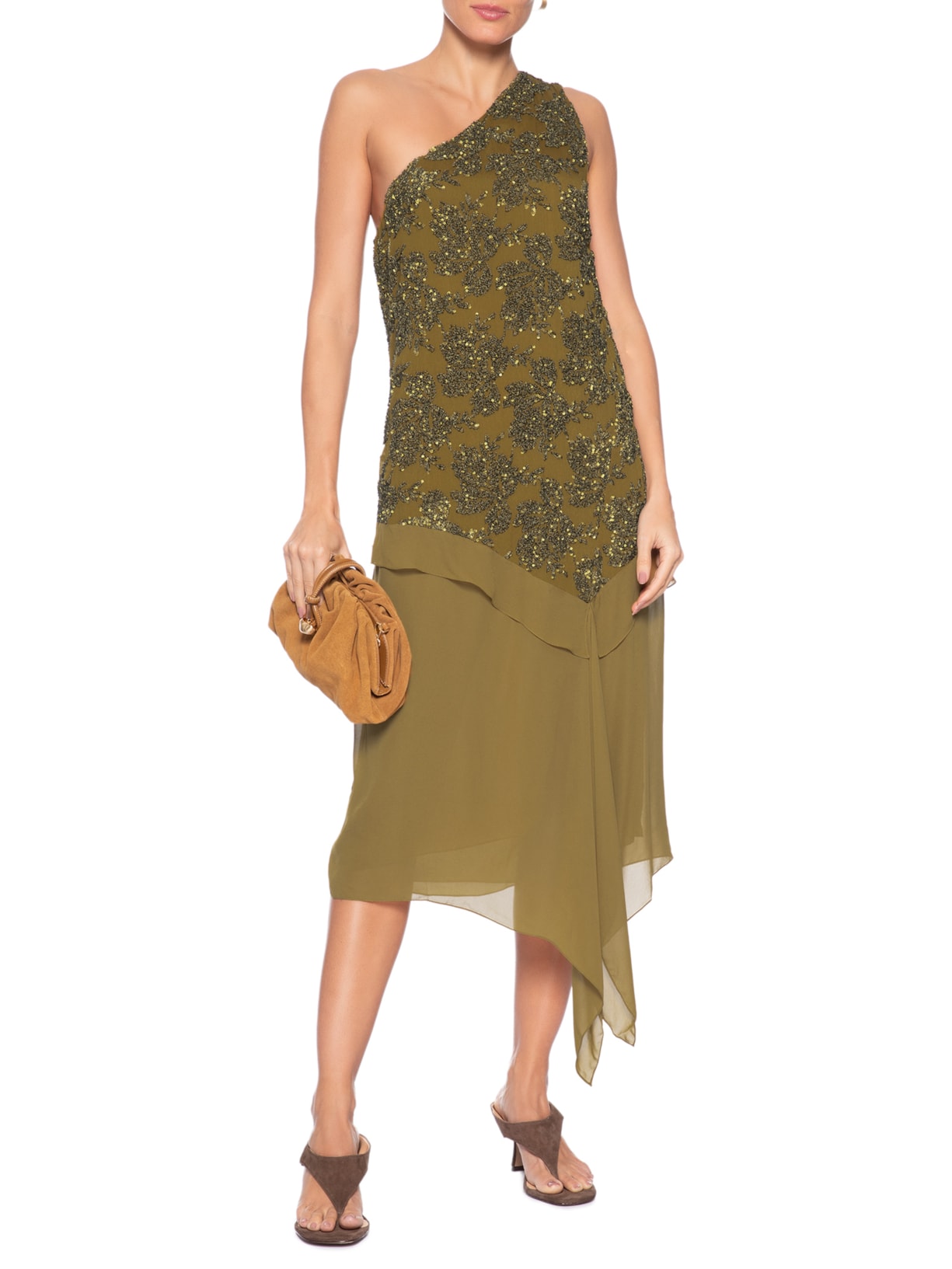 Vestido Ombro Paetê Azeitona Marrom Animale
