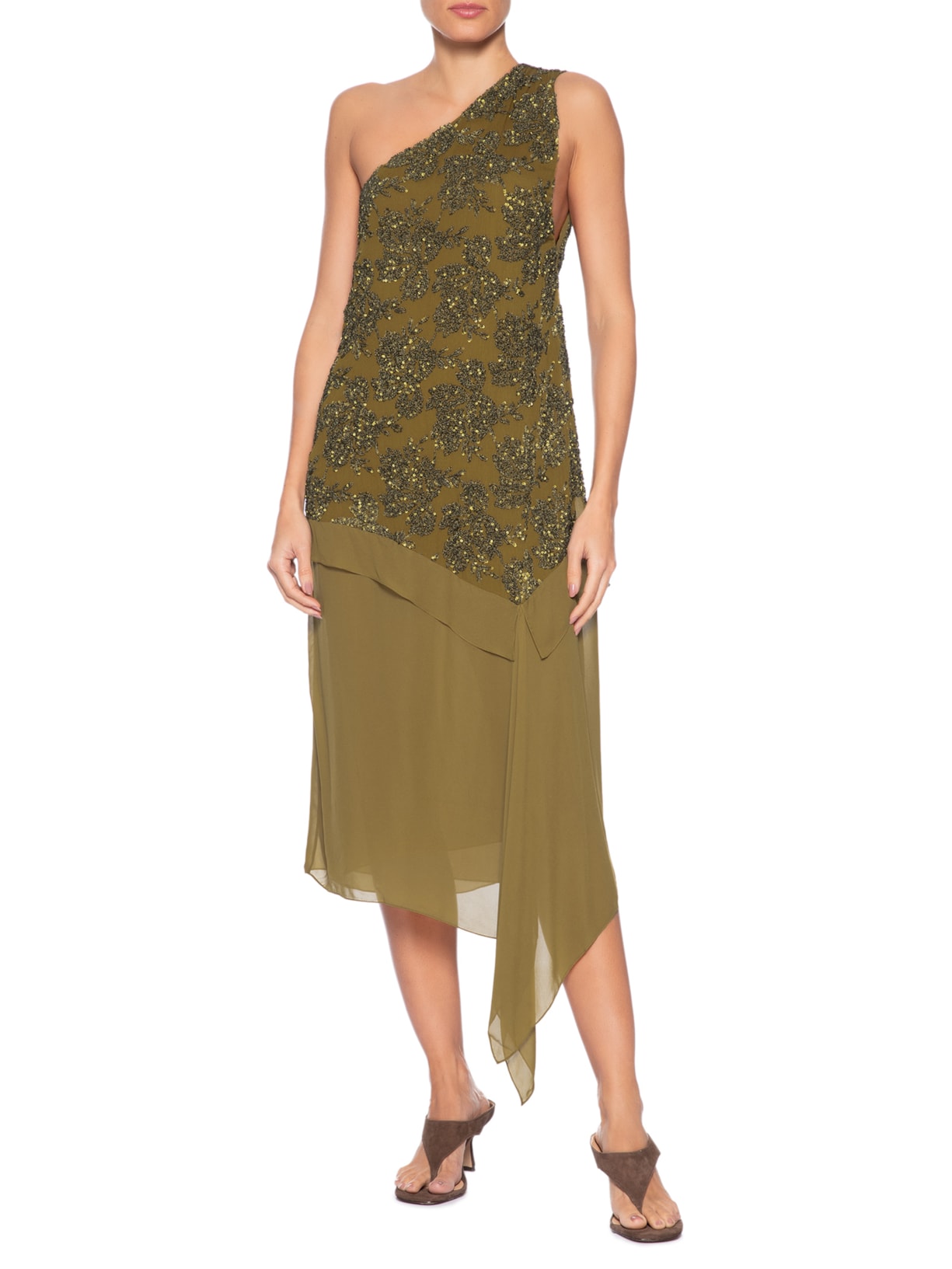 Vestido Ombro Paetê Azeitona Marrom Animale