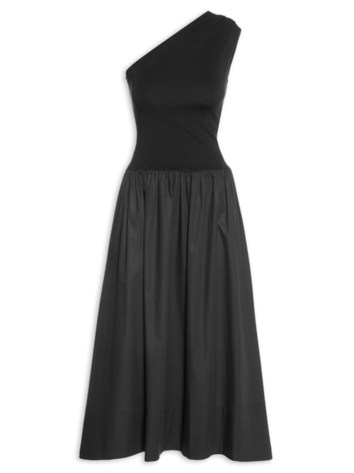 Vestido Ombro Único Saia Franzida - Preto