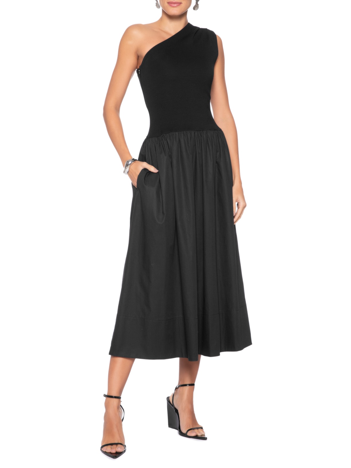 Vestido Ombro Único Saia Franzida Preto Andrea Marques