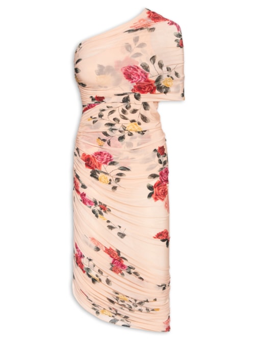 Vestido One Shoulder Draped Midi - Bege
