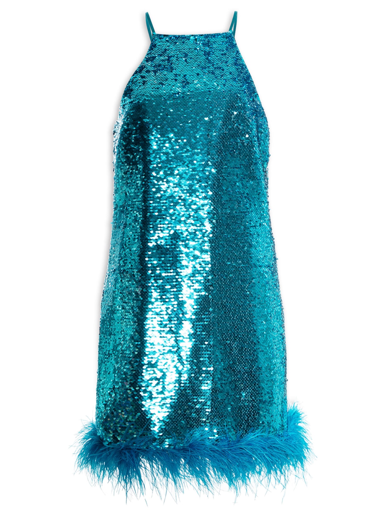 Vestido Paetê E Plumas - Azul