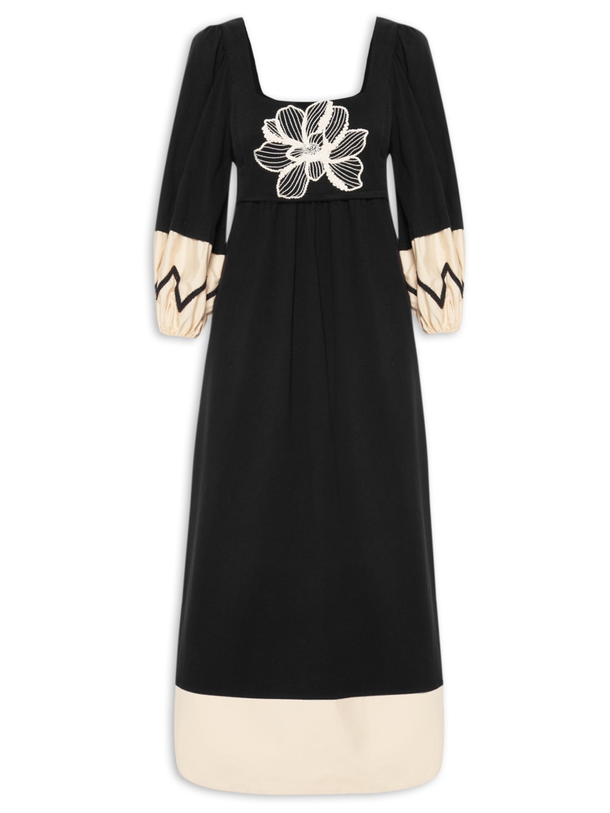 Vestido Pala Bordado Flor - Preto
