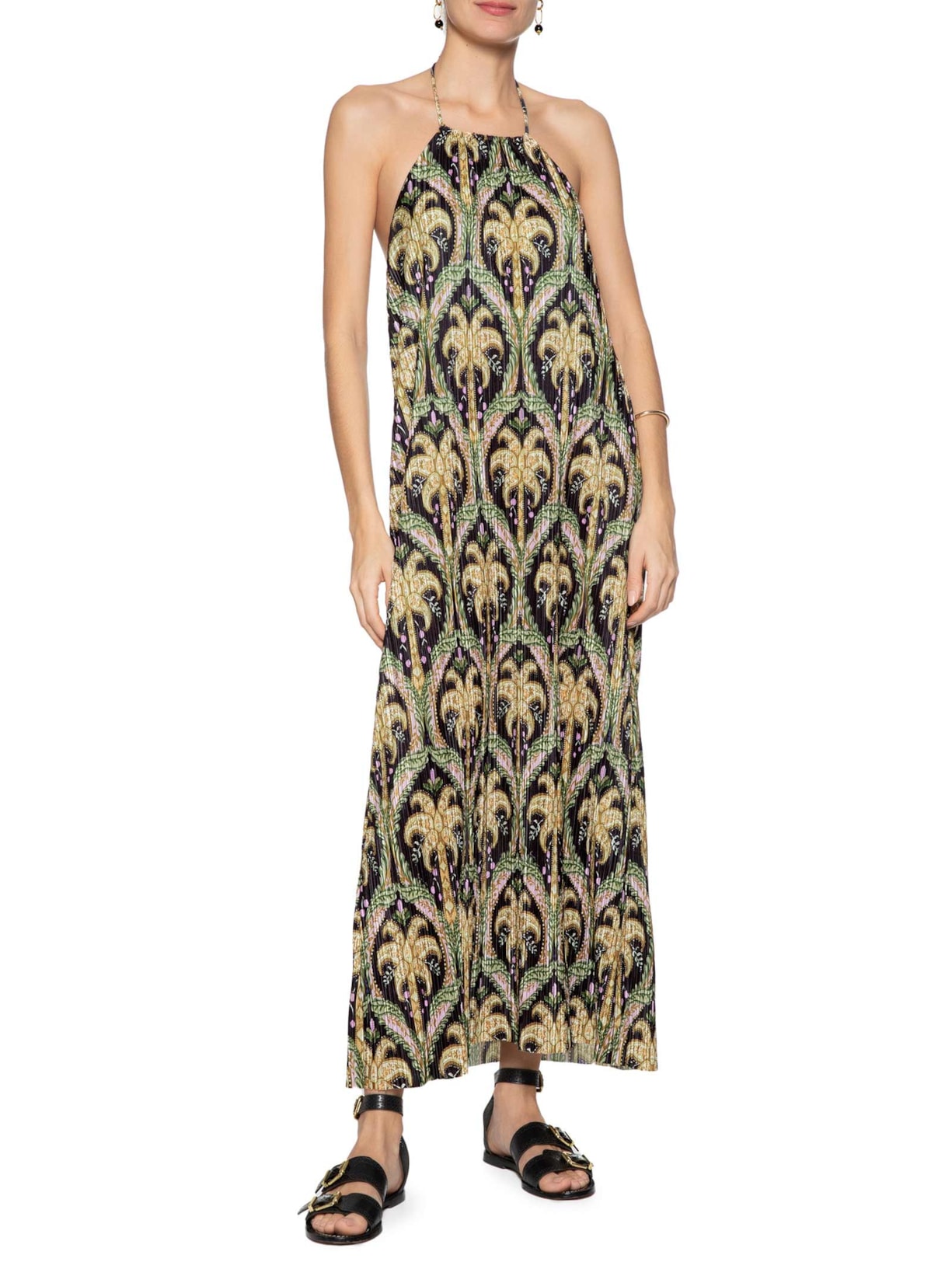 Vestido Plissado Camafeu Tropical Preto Farm