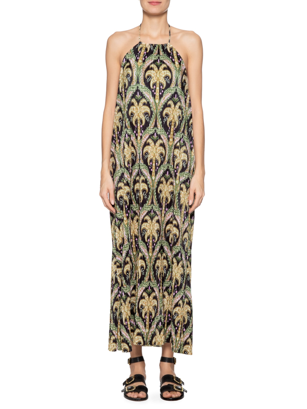 Vestido Plissado Camafeu Tropical Preto Farm