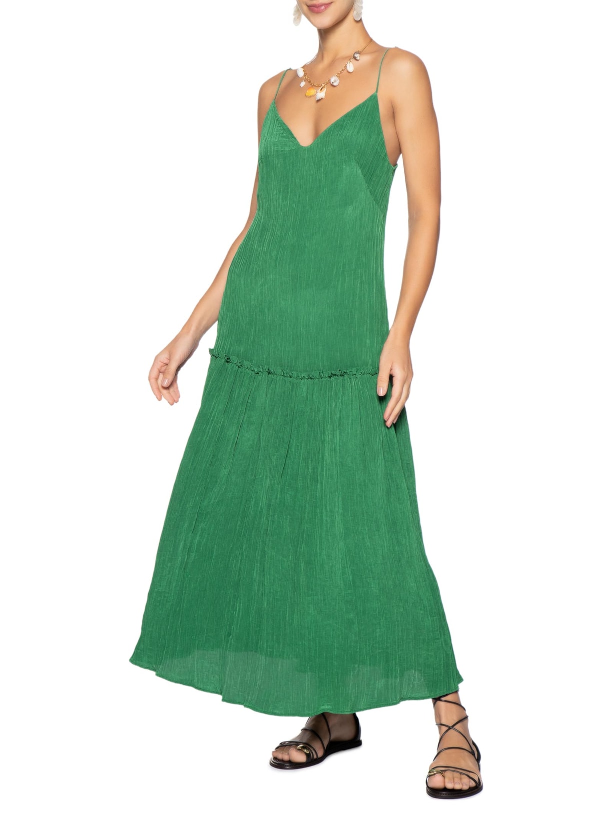 Vestido Plissado Midi Verde Farm