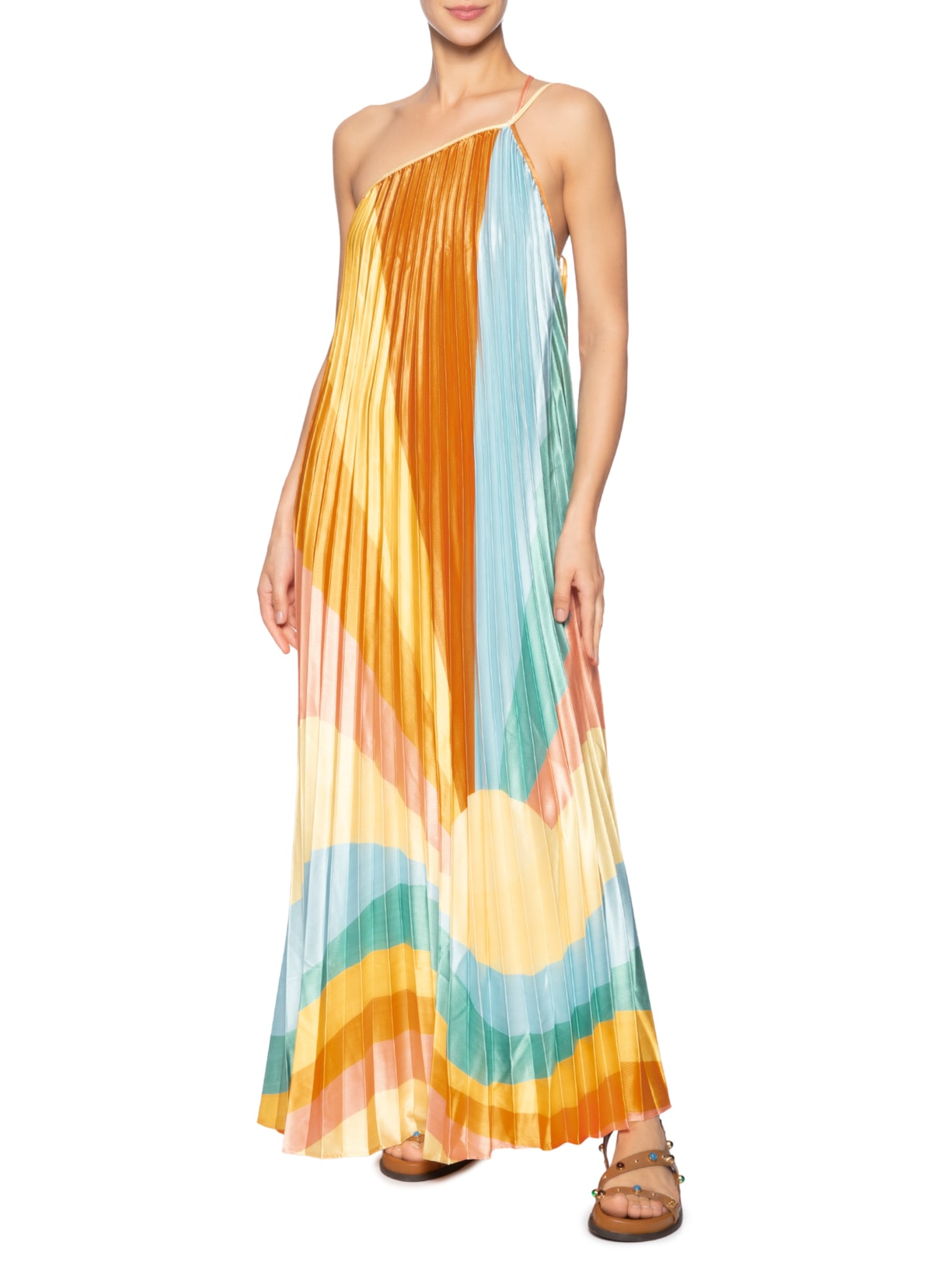 Vestido Plissado Paisagem Carioca Laranja Farm