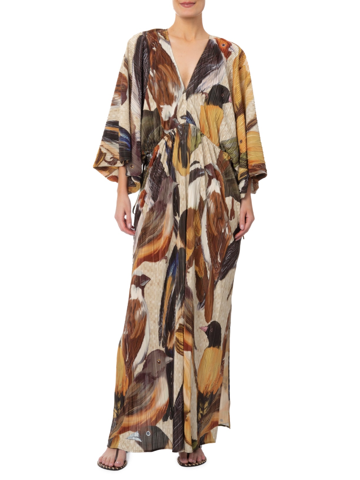 Vestido Plissado Pássaros – Bege Farm + Marina Bitu