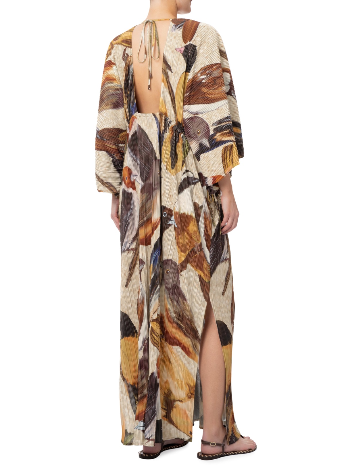 Vestido Plissado Pássaros – Bege Farm + Marina Bitu