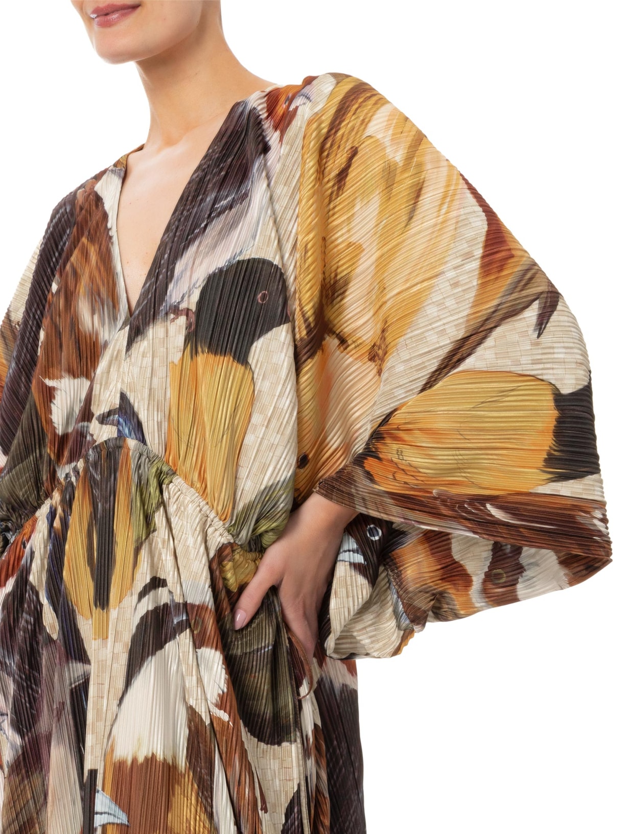 Vestido Plissado Pássaros – Bege Farm + Marina Bitu
