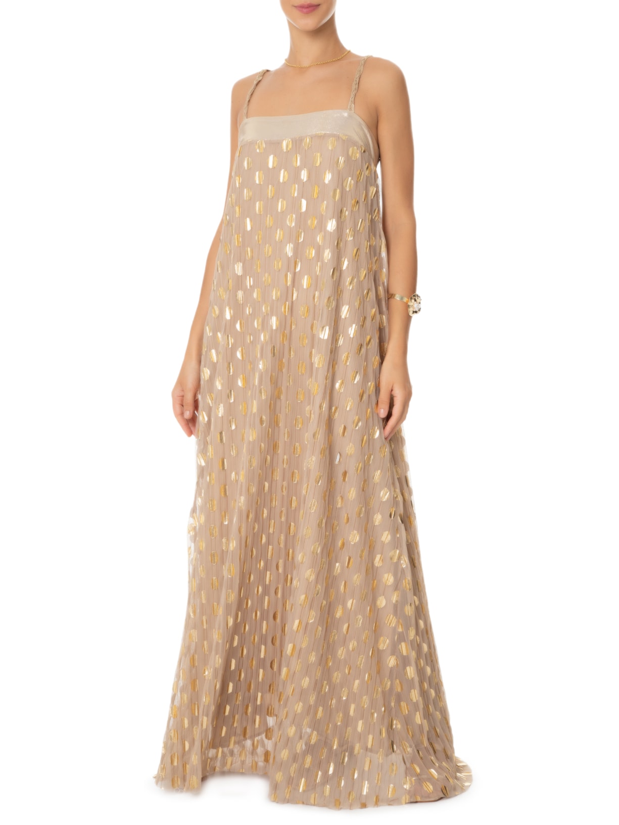 Vestido Plissado Poá Dourado Fernanda Di Biase