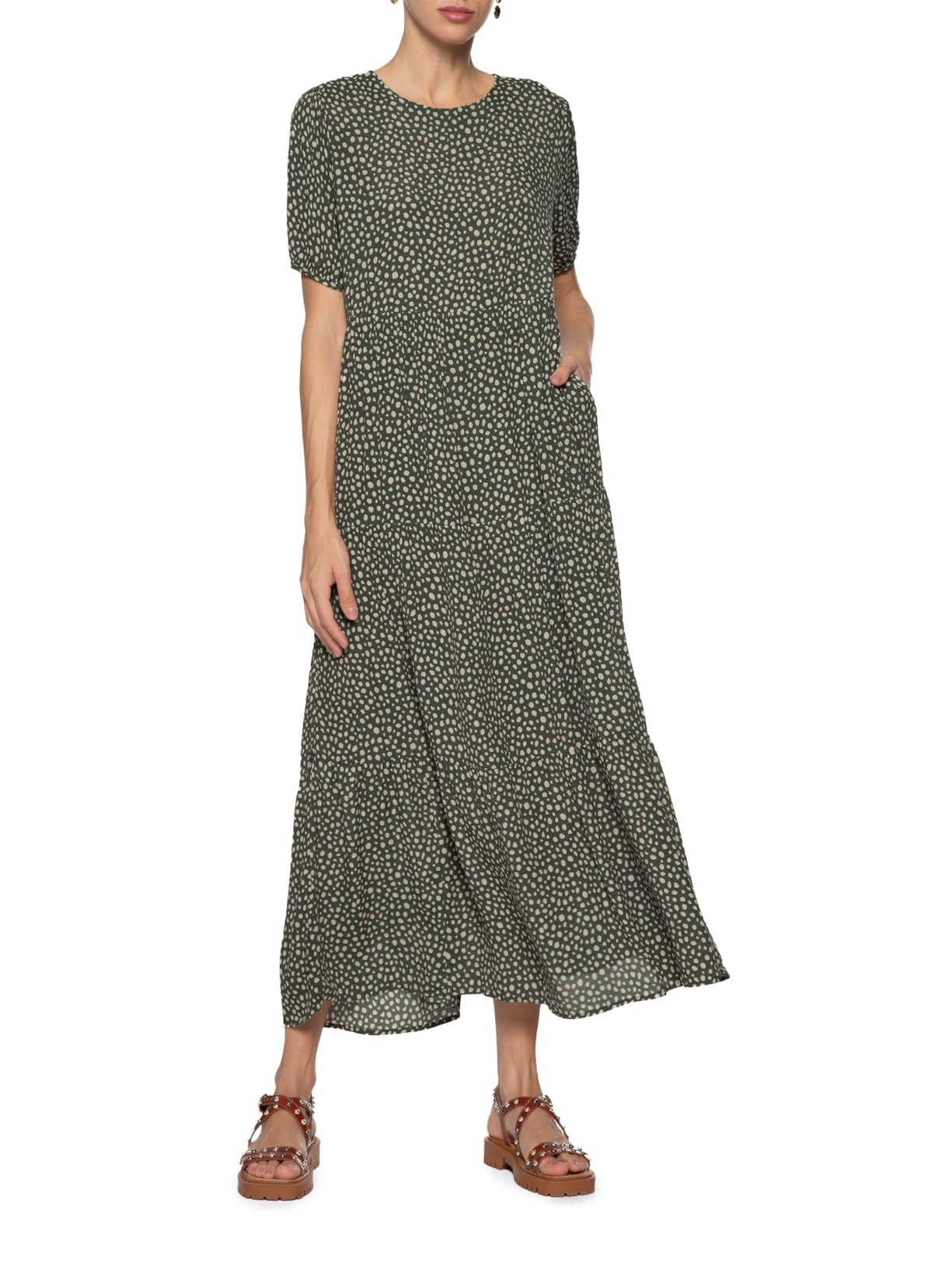 Vestido Poá Militar Verde Shoulder