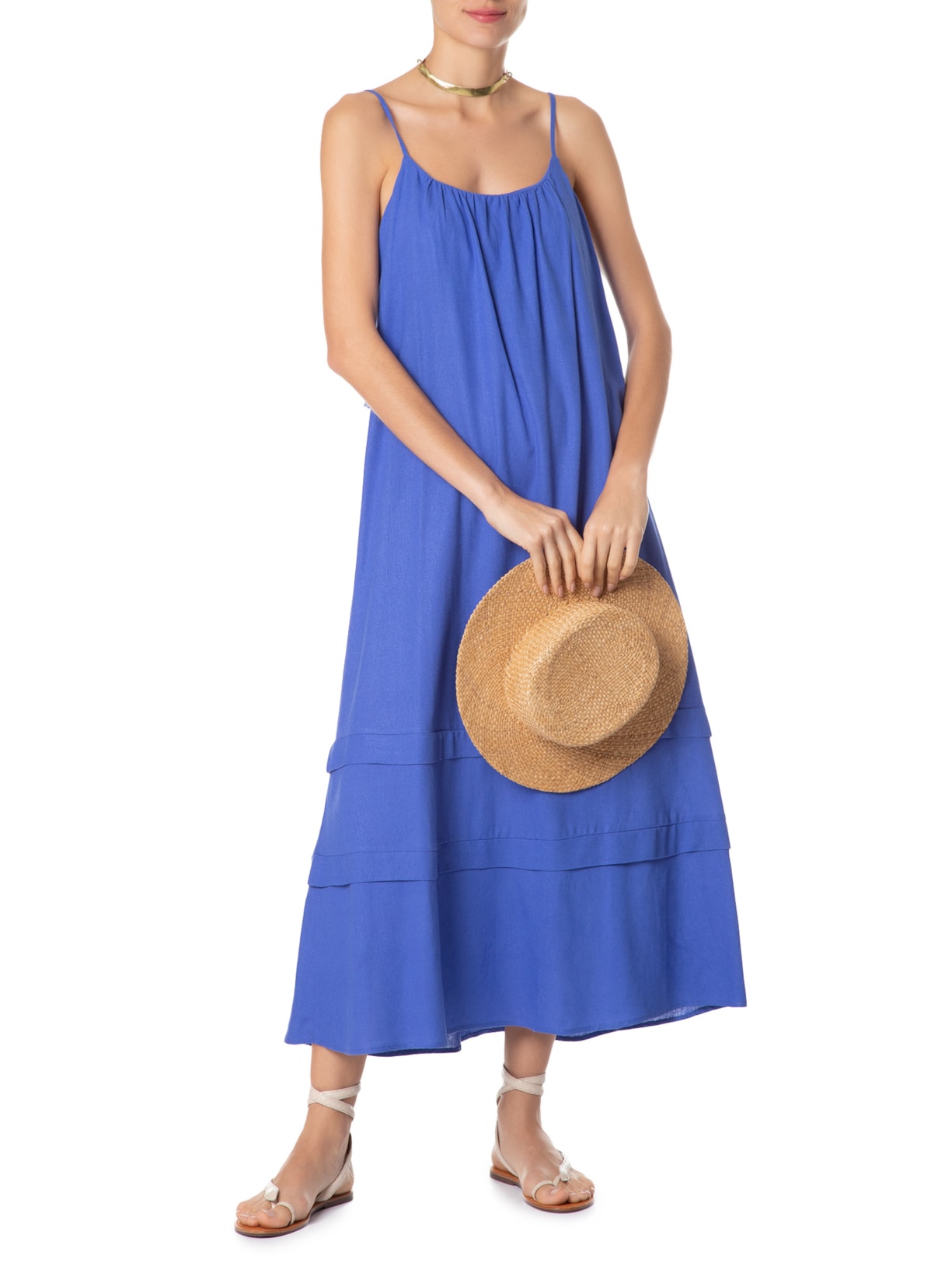 Vestido Pregas Azul Maria Filó