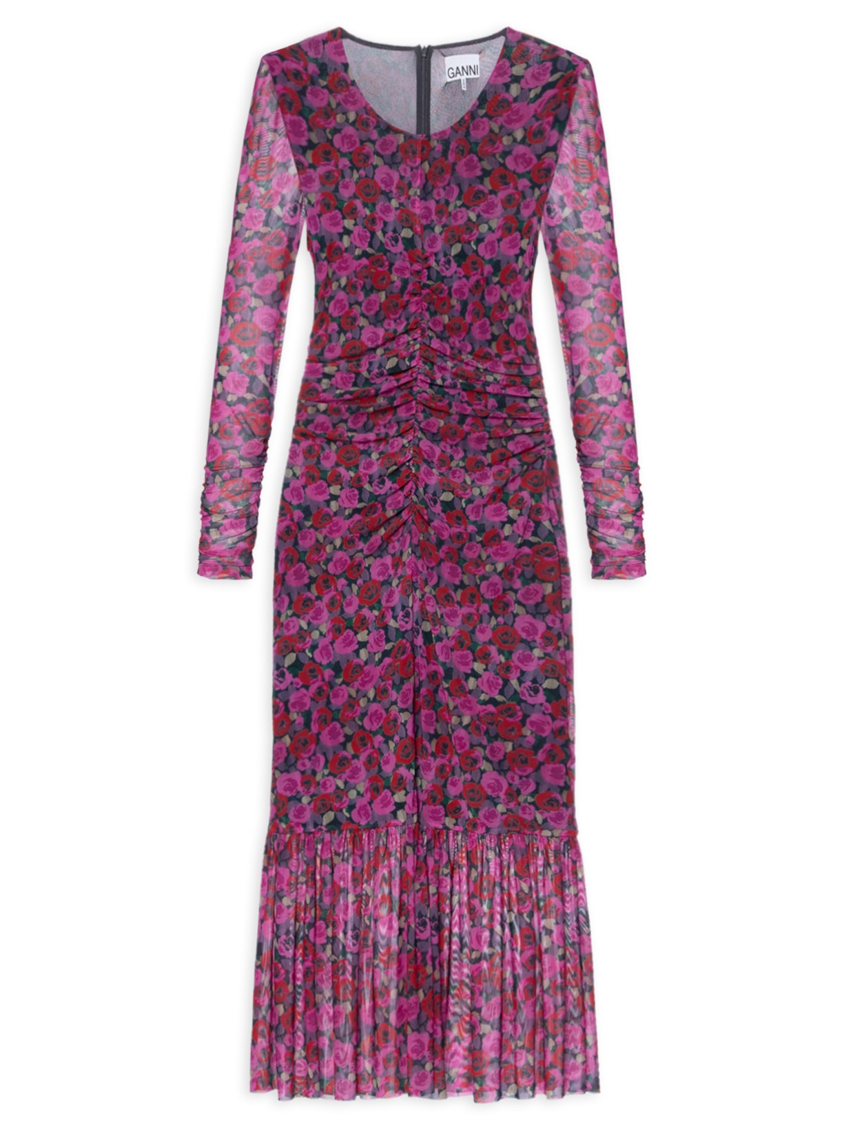 Vestido Printed Mesh Long Sleeve Gathered Midi Dress - Rosa