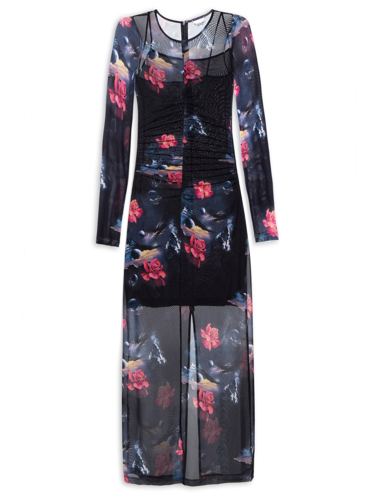 Vestido Printed Mesh O-Neck Ruched Longo Dress - Preto