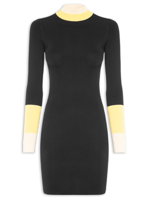 Vestido Punho Listrado De Tricot - Preto