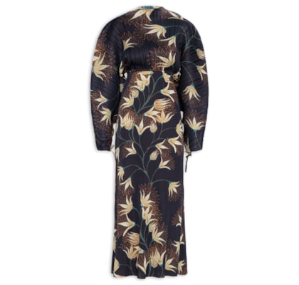 Vestido Ranglan Duo Plissê Floral Trama - Preto