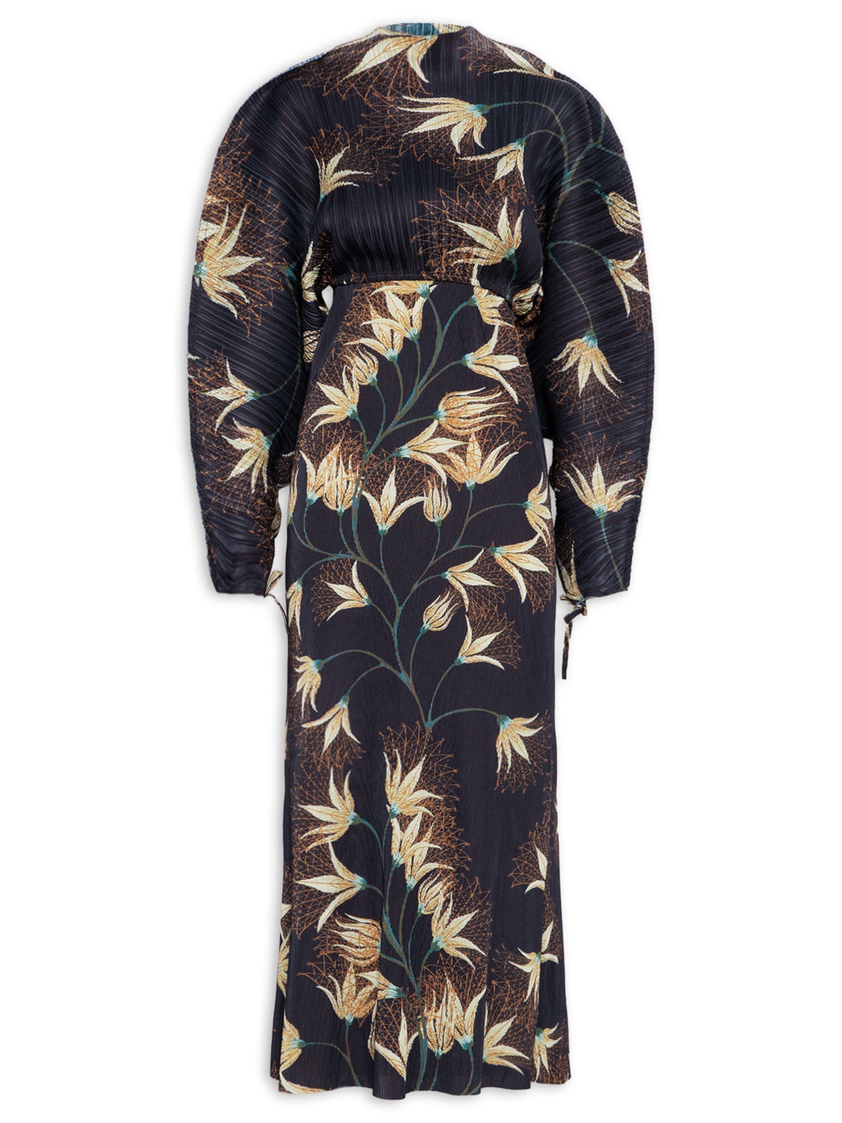 Vestido Ranglan Duo Plissê Floral Trama - Preto