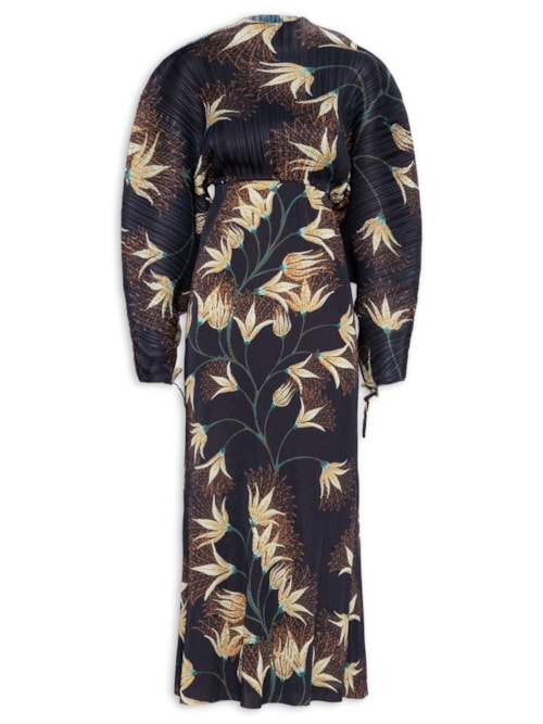 Vestido Ranglan Duo Plissê Floral Trama - Preto