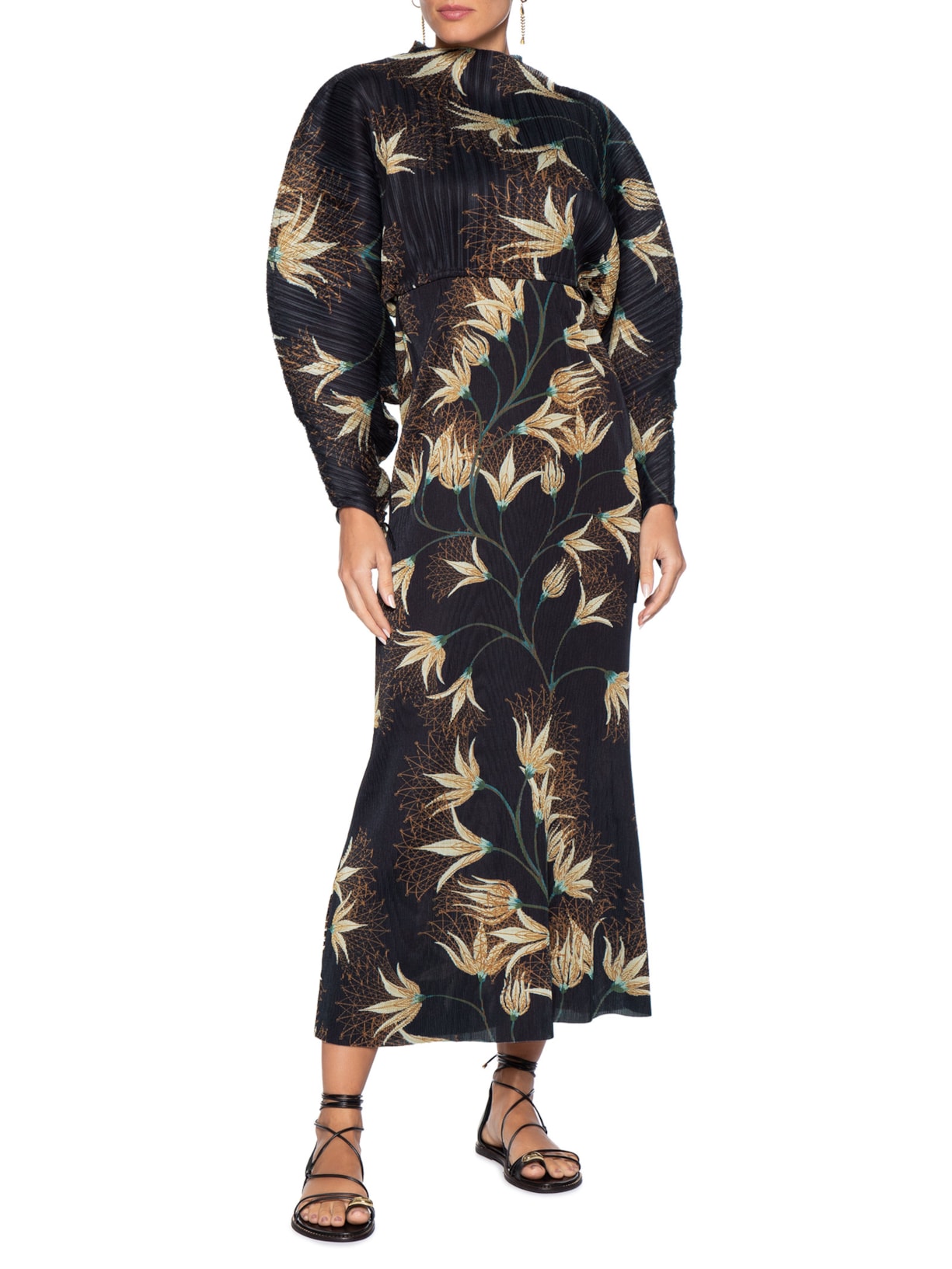 Vestido Ranglan Duo Plissê Floral Trama Preto Osklen