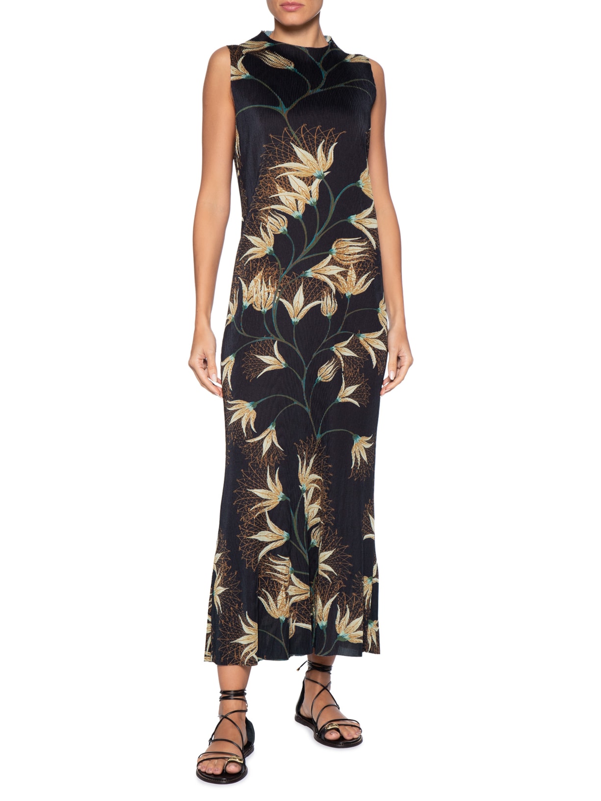 Vestido Ranglan Duo Plissê Floral Trama Preto Osklen