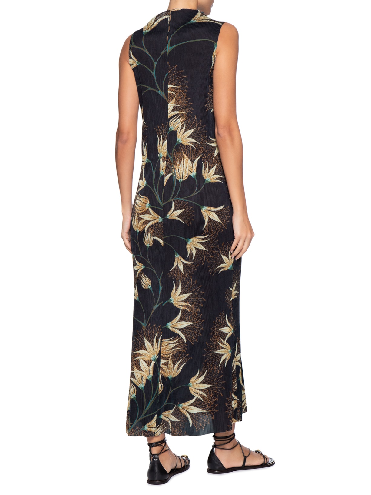 Vestido Ranglan Duo Plissê Floral Trama Preto Osklen