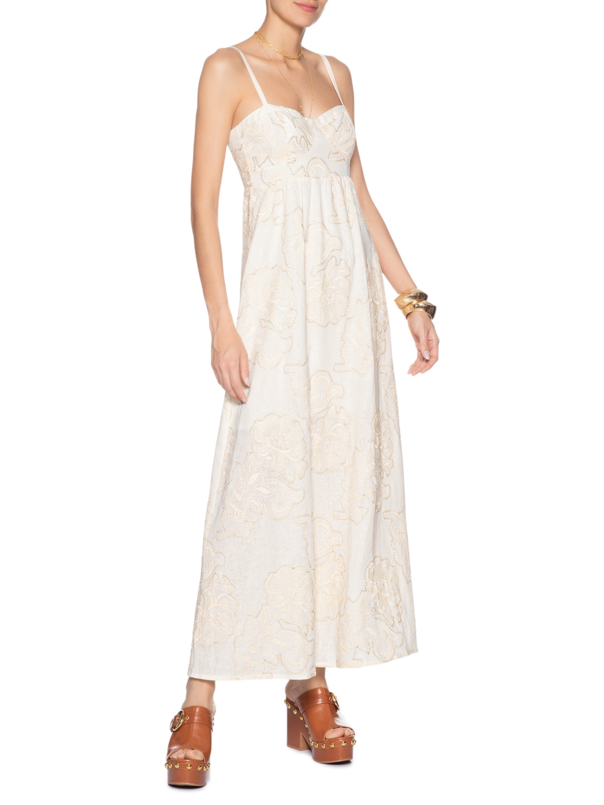 Vestido Recortes Busto Bordado Magnoli Off White Maria Filó