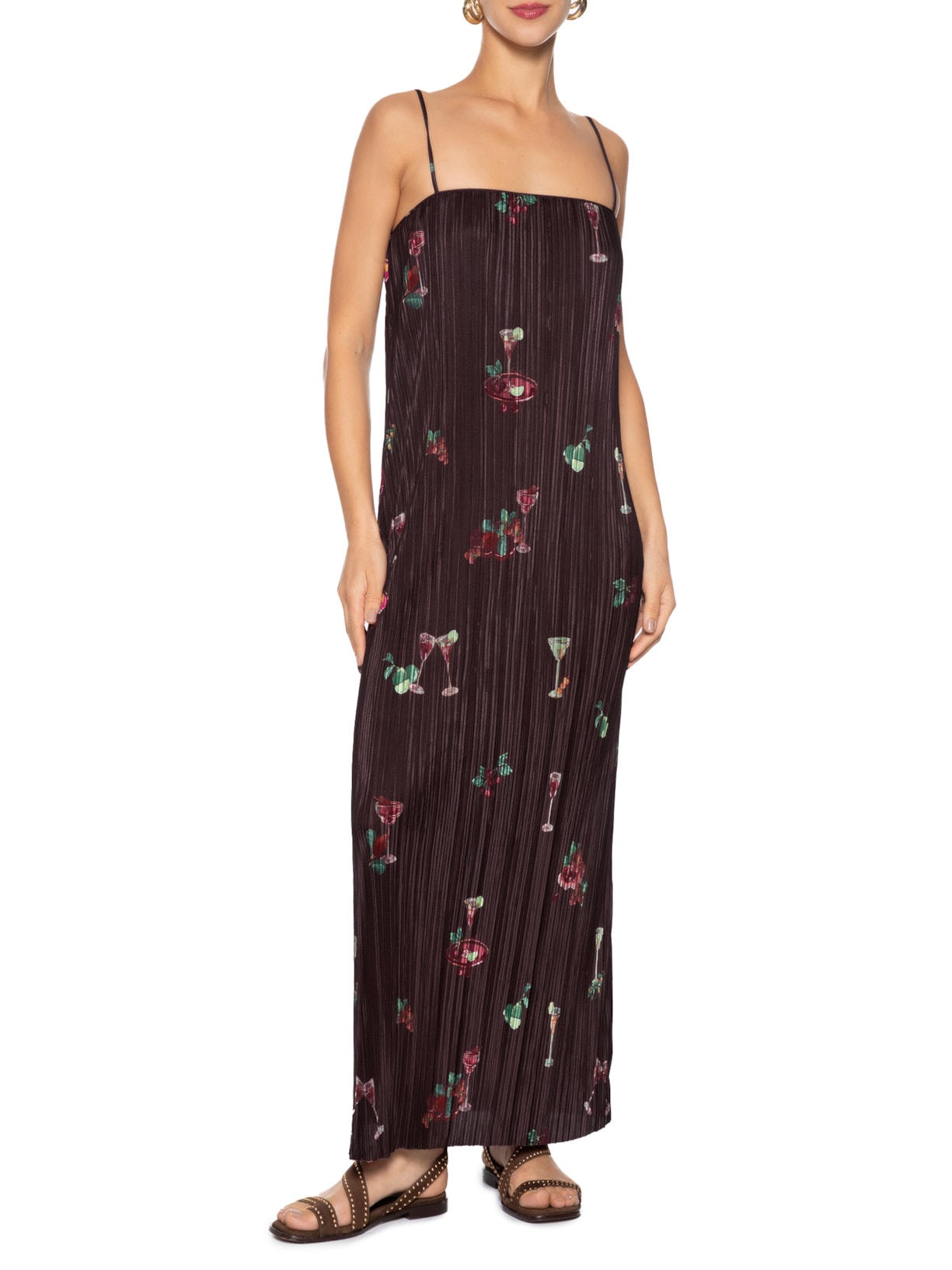 Vestido Reto Plissado Coquetel Tropical Preto Farm