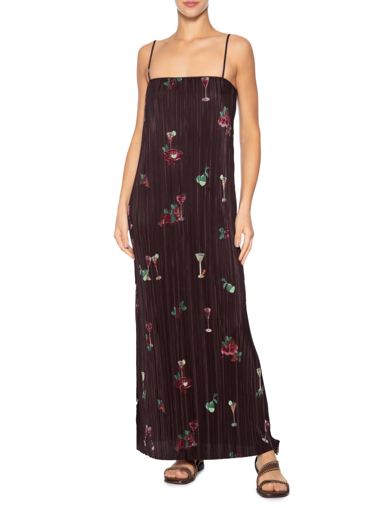 Vestido Reto Plissado Coquetel Tropical Preto Farm