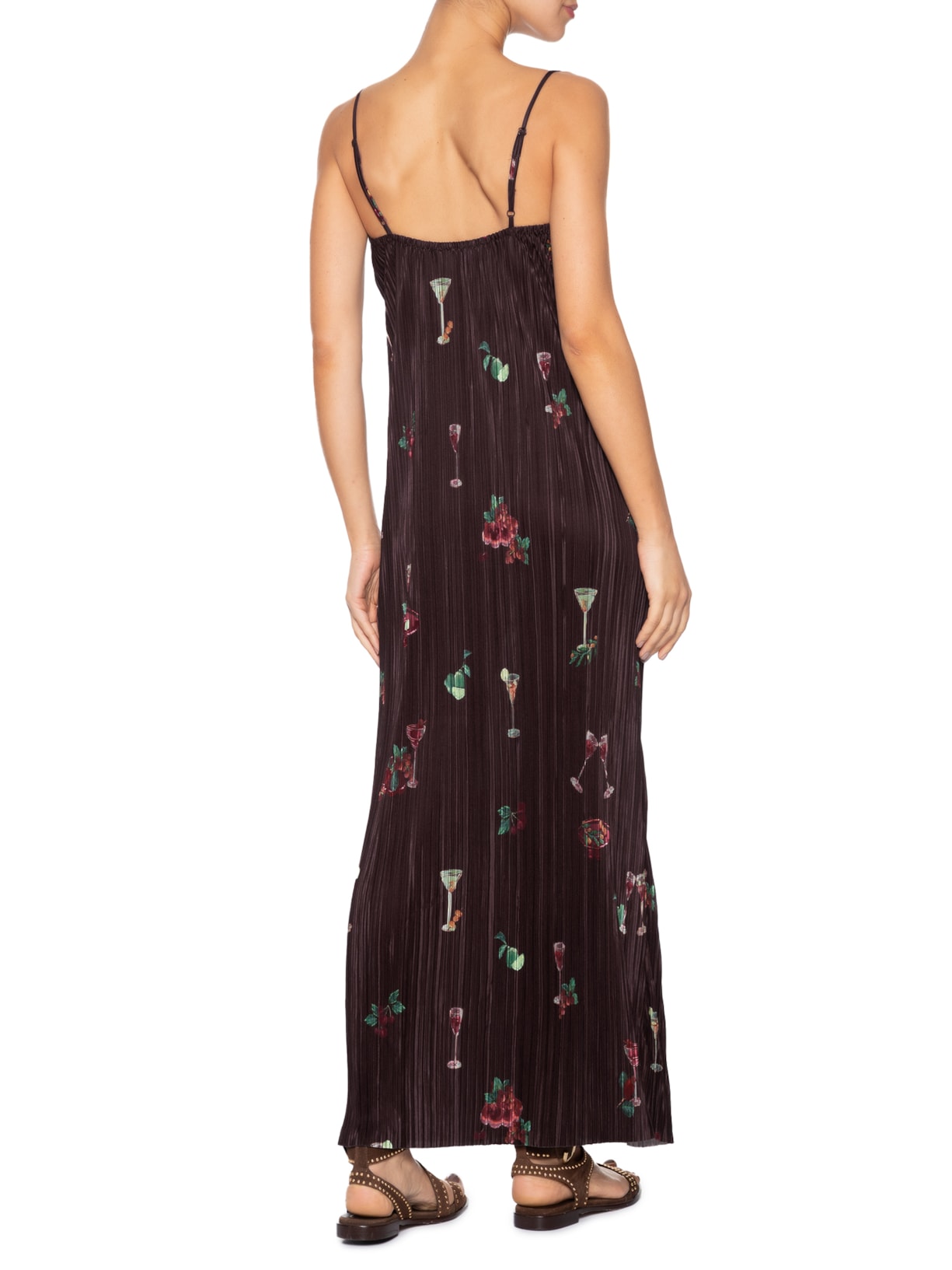 Vestido Reto Plissado Coquetel Tropical Preto Farm