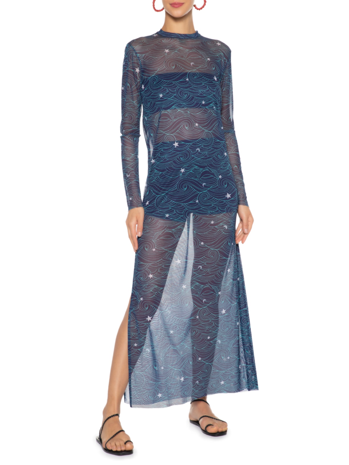 Vestido Reto Tule Estampa Maré Cheia Azul Dress To