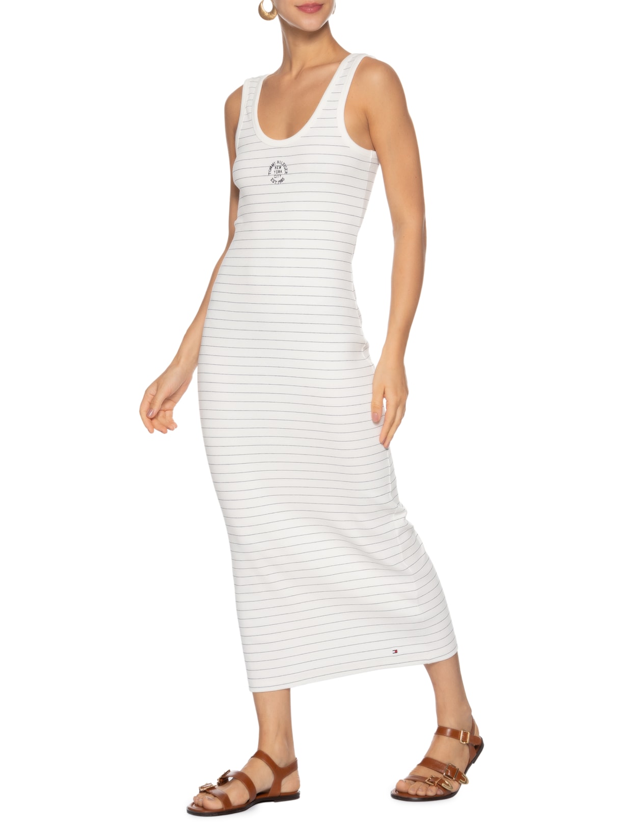 Vestido Roundall Rib Slim Tank Dress Branco Tommy Hilfiger
