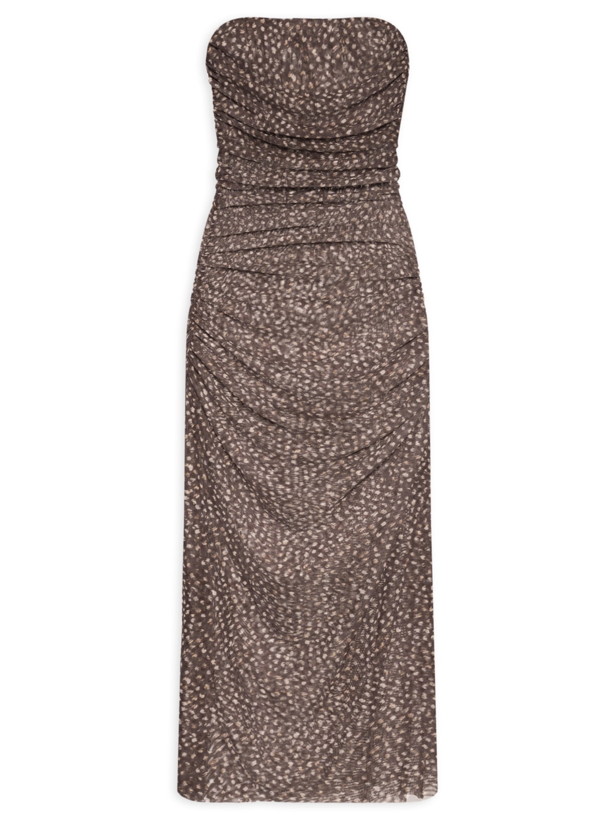 Vestido Sem Alça Franzido Tule Marrom Animale