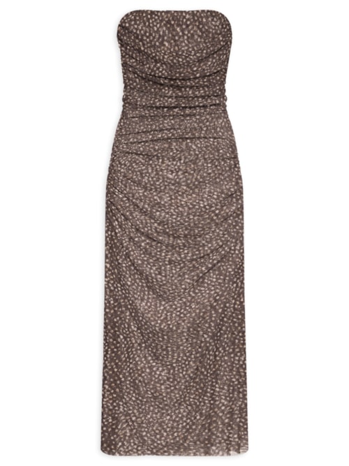 Vestido Sem Alça Franzido Tule - Marrom