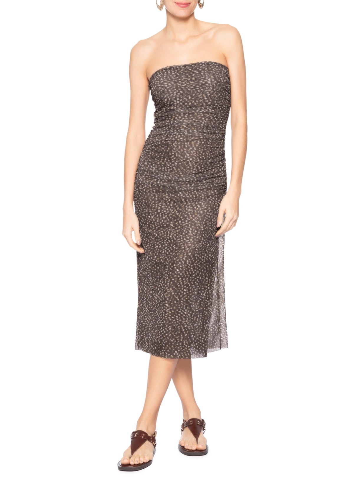 Vestido Sem Alça Franzido Tule Marrom Animale