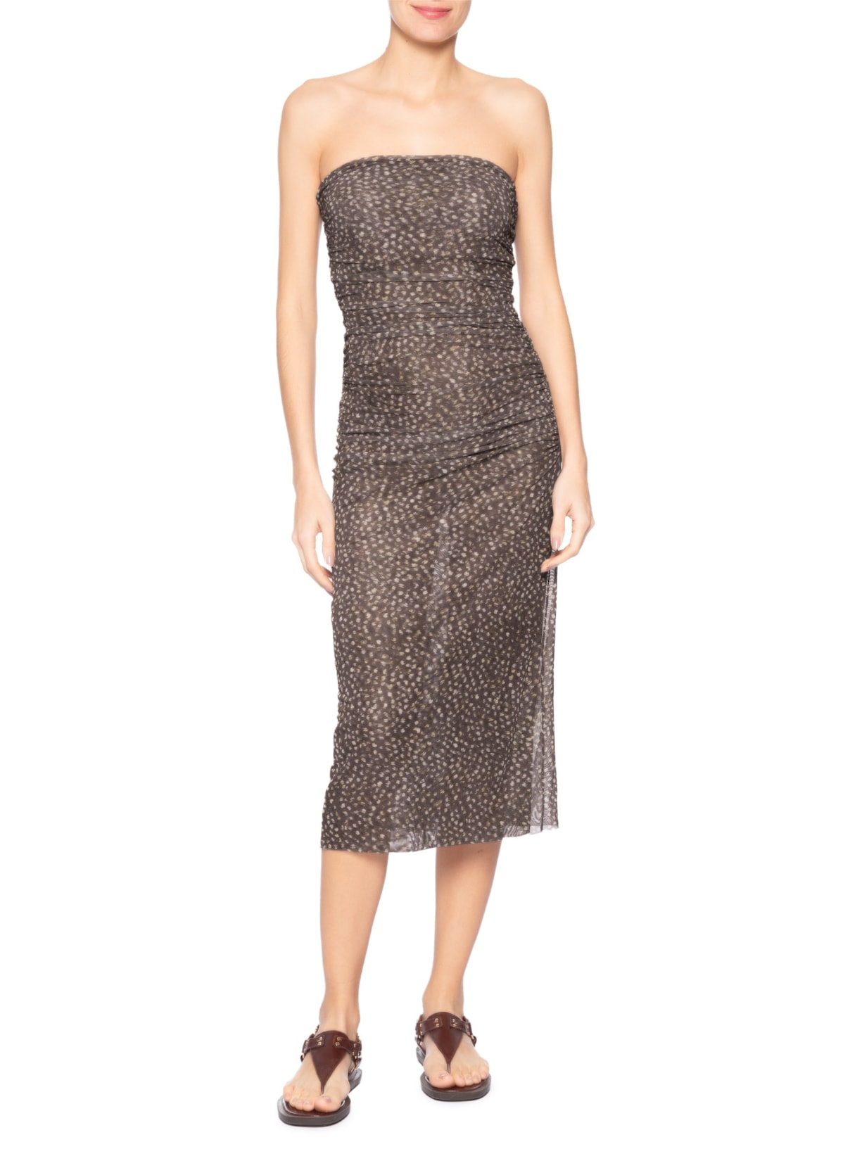 Vestido Sem Alça Franzido Tule Marrom Animale