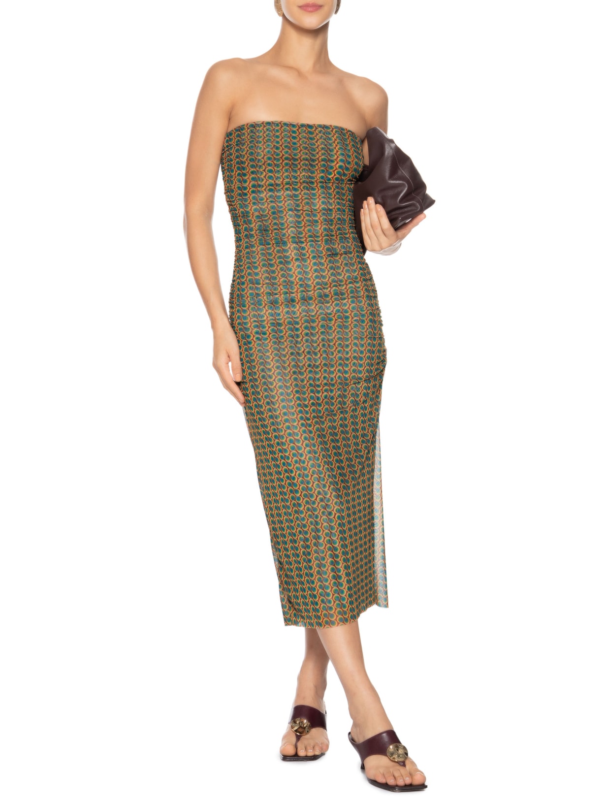 Vestido Sem Alça Franzido Tule Verde Animale