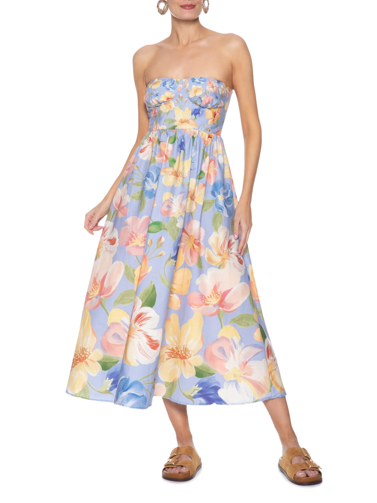 Vestido Sem Alça Leveza Floral Azul Farm