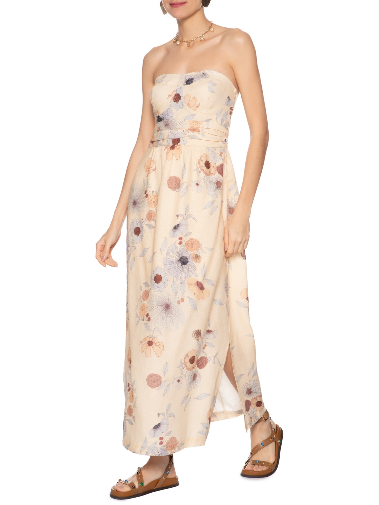 Vestido Sem Alça Linho Estampa Fleur Bege Maria Filó